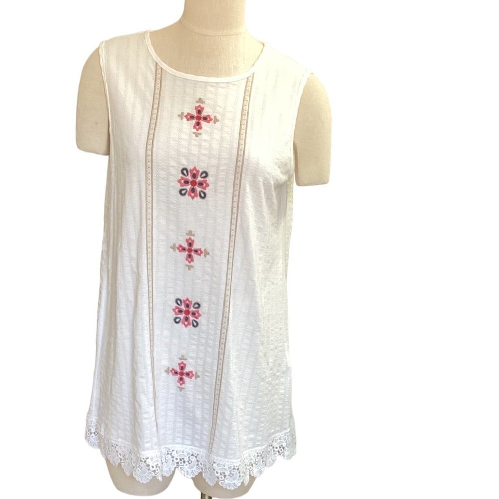 Weekend Suzanne Betro Sleeveless Embroidered Lace Hem Tank‎ Top L #151Q